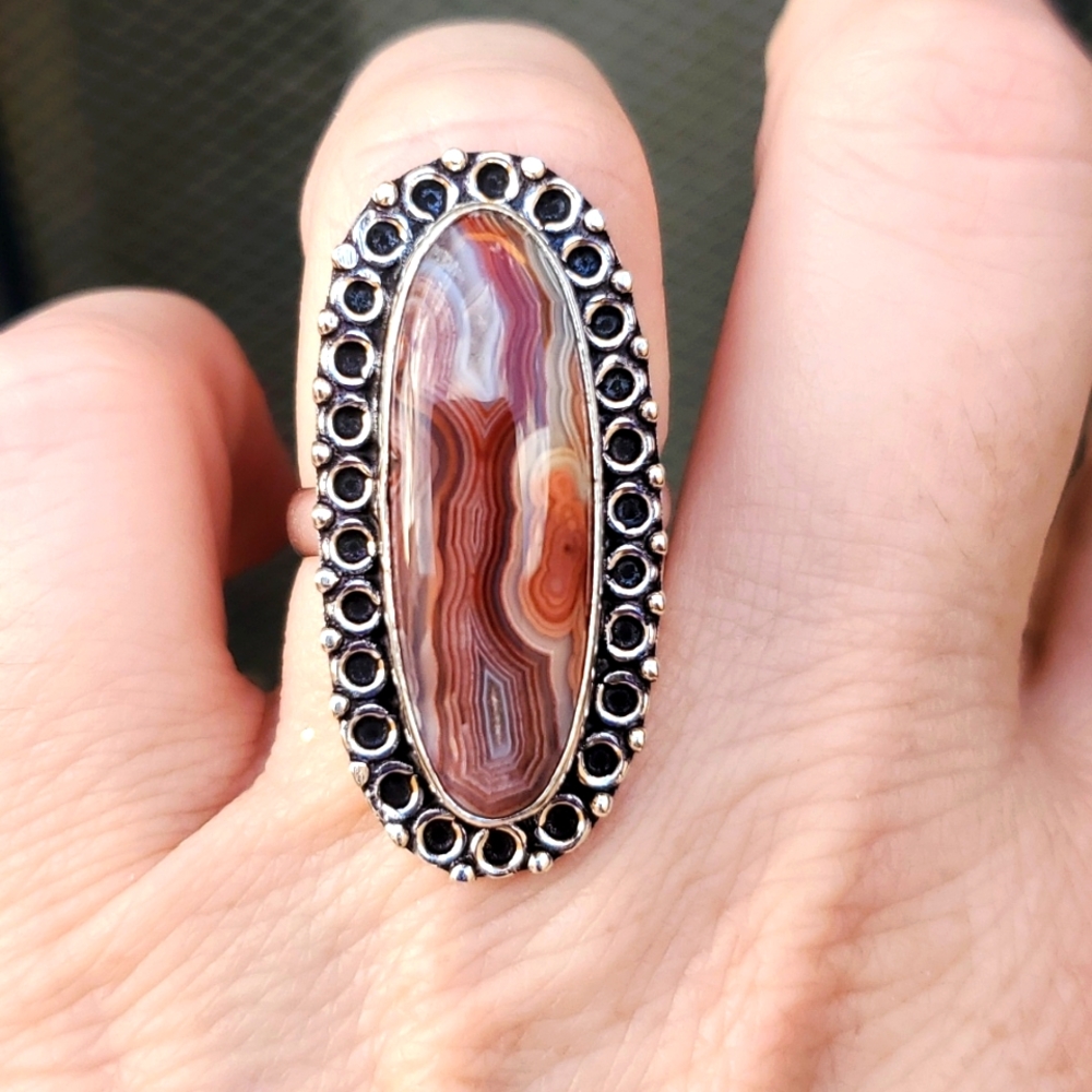 New Crazy Lace Agate 925 Silver Ring.